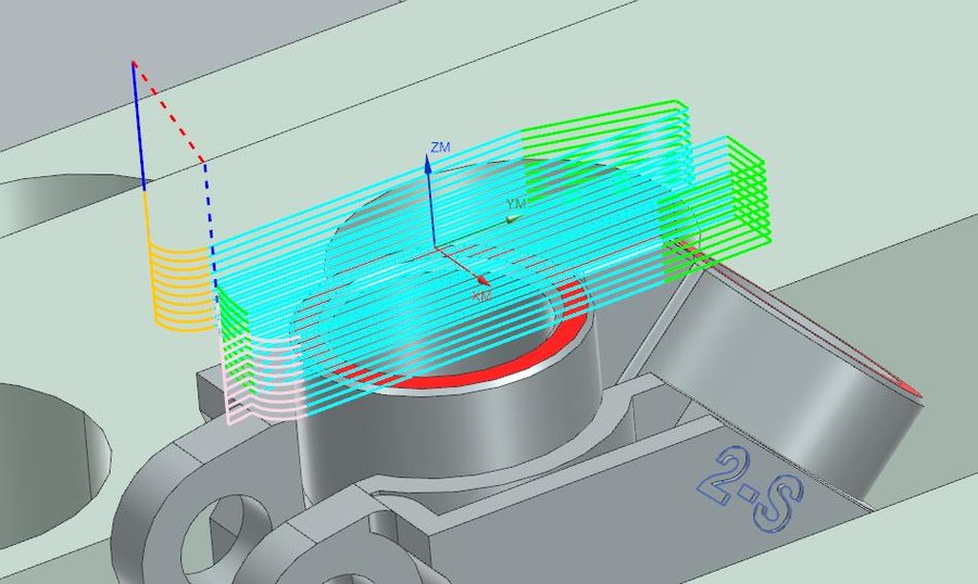 Siemens NX view of the generated floor-facing toolpath, drawn as coloured lines above a cylindric boss on the valve body