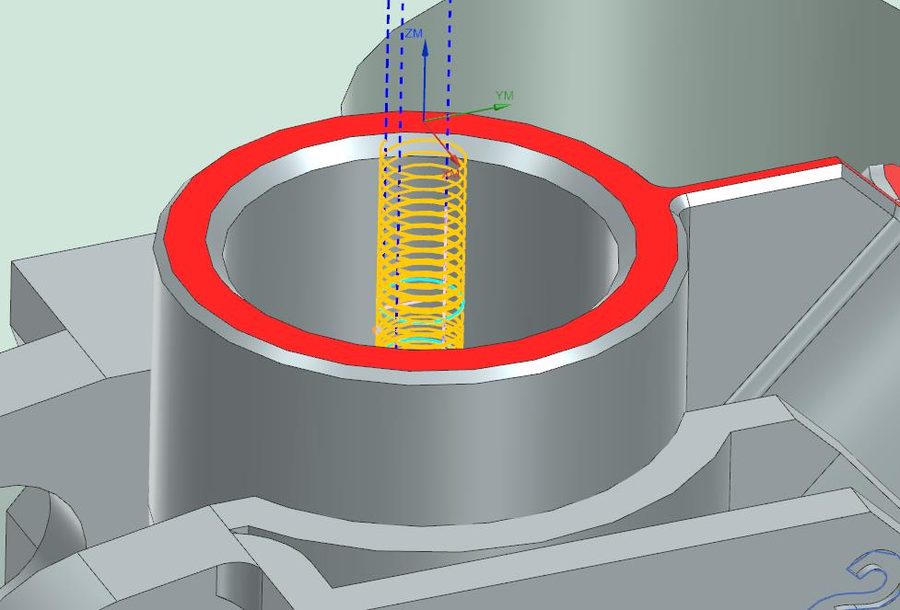 Siemens NX view of the generated planar-milling toolpath, a coil-shaped line inside a bore