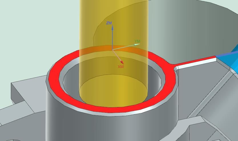 Siemens NX simulation of planar milling: a yellow cylindrical tool inside the bore