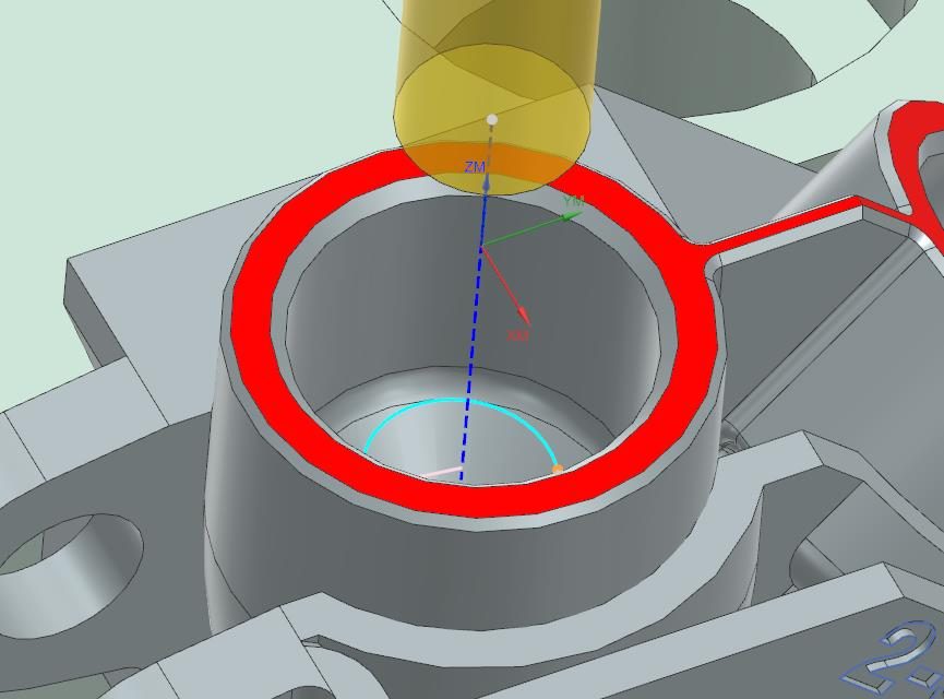 Siemens NX view of the generated threading toolpath, a curved line at the bottom of a bore