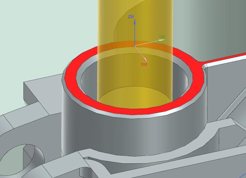 Siemens NX simulation of threading: a yellow cylindrical tool at the opening of the bore